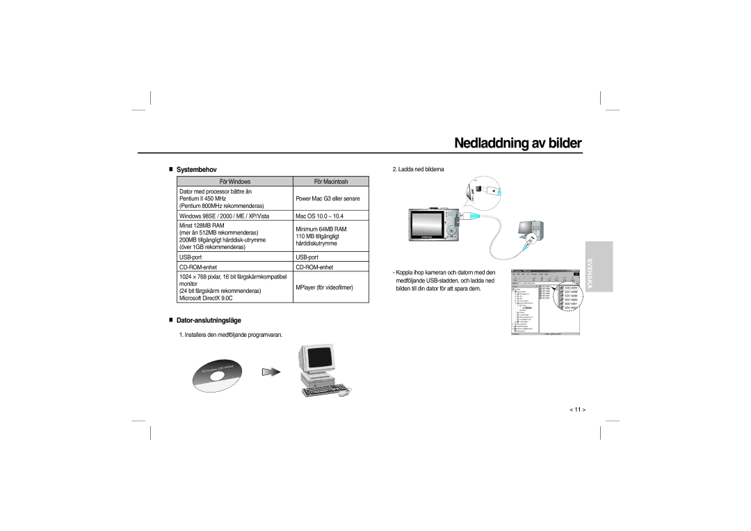 Samsung EC-L110ZRDC/AS, EC-L110ZPDA/E3, EC-L110ZSBA/FR manual Nedladdning av bilder, Systembehov, Dator-anslutningsläge 