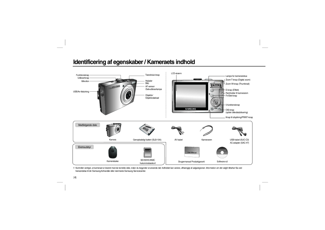 Samsung EC-L110ZPBB/AS, EC-L110ZPDA/E3 Identificering af egenskaber / Kameraets indhold, Medfølgende dele, Ekstraudstyr 