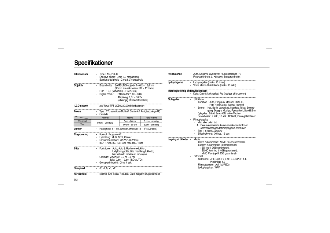 Samsung EC-L110ZUDA/HK manual Billedsensor, Objektiv, LCD-skærm, Fokus, Lukker, Eksponering, Blitz, Skarphed, Farveeffekt 