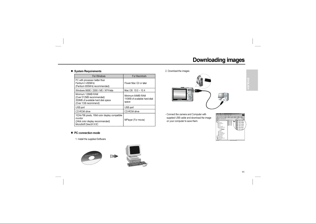 Samsung EC-L110ZUBA/FR, EC-L110ZPDA/E3, EC-L110ZSBA/FR manual Downloading images, System Requirements, PC connection mode 