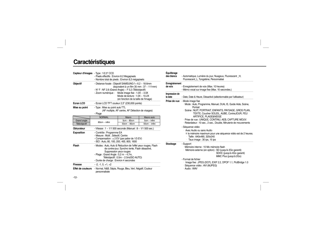 Samsung EC-L110ZRBB/E1, EC-L110ZPDA/E3, EC-L110ZSBA/FR, EC-L110ZUDA/E3, EC-L110ZBDA/E3, EC-L110ZBBA/FR manual Caractéristiques 