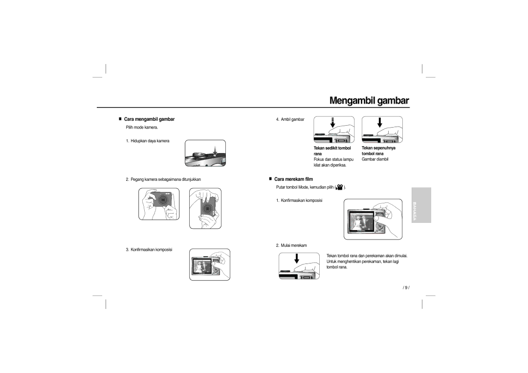 Samsung EC-L110ZSBB/MX, EC-L110ZPDA/E3, EC-L110ZSBA/FR manual Mengambil gambar, Cara mengambil gambar, Cara merekam film 