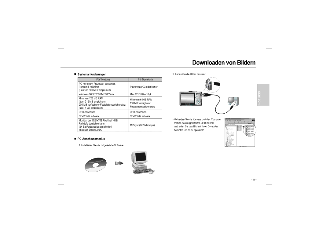 Samsung EC-L110ZSBB/IT, EC-L110ZPDA/E3, EC-L110ZSBA/FR manual Downloaden von Bildern, Systemanforderungen, PC-Anschlussmodus 