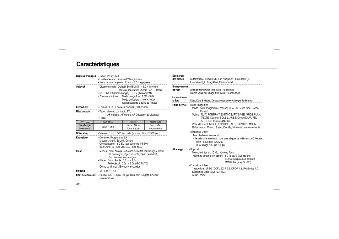 Samsung EC-L110ZRFA/E1, EC-L110ZPDA/E3, EC-L110ZSBA/FR, EC-L110ZUDA/E3, EC-L110ZBDA/E3, EC-L110ZBBA/FR manual Caractéristiques 