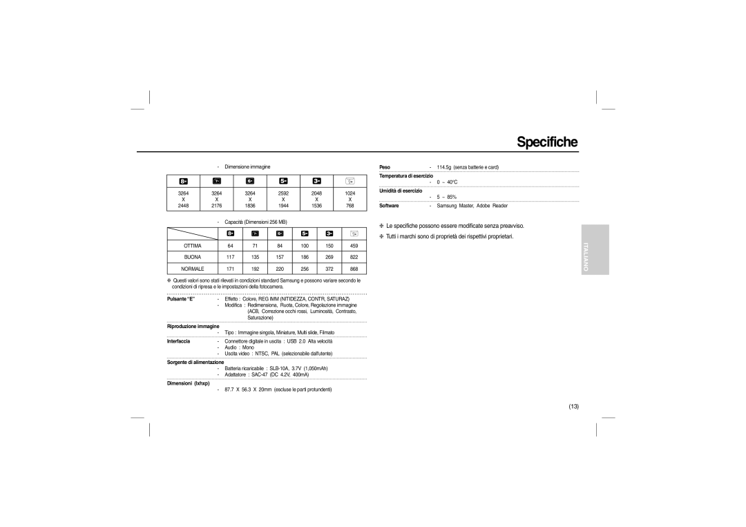 Samsung EC-L110ZSBC/E1 Dimensione immagine 3264, 1024, 2448 2176, Capacità Dimensioni 256 MB, 150 459, 117 135 157, ~ 40C 