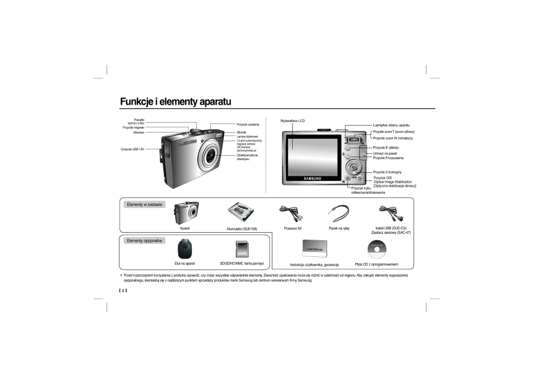 Samsung EC-L110ZPBB/AS, EC-L110ZPDA/E3, EC-L110ZSBA/FR, EC-L110ZUDA/E3 manual Funkcje i elementy aparatu, Wyświetlacz LCD 