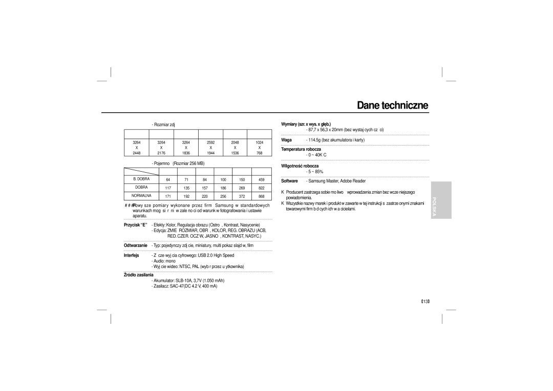 Samsung EC-L110ZBBA/E2, EC-L110ZPDA/E3 Interfejs, Źródło zasilania, Wymiary szr. x wys. x głęb, Waga, Temperatura robocza 