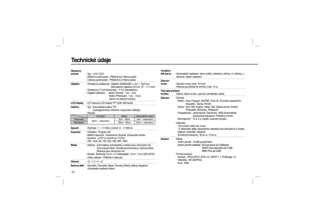 Samsung EC-L110ZBDA/HK, EC-L110ZPDA/E3, EC-L110ZSBA/FR, EC-L110ZUDA/E3, EC-L110ZBDA/E3, EC-L110ZBBA/FR manual Technické údaje 