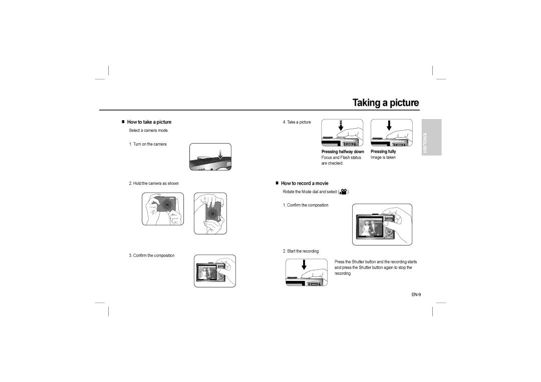 Samsung EC-L110ZRBA/FR, EC-L110ZPDA/E3, EC-L110ZSBA/FR Taking a picture, How to take a picture, EN-9, How to record a movie 