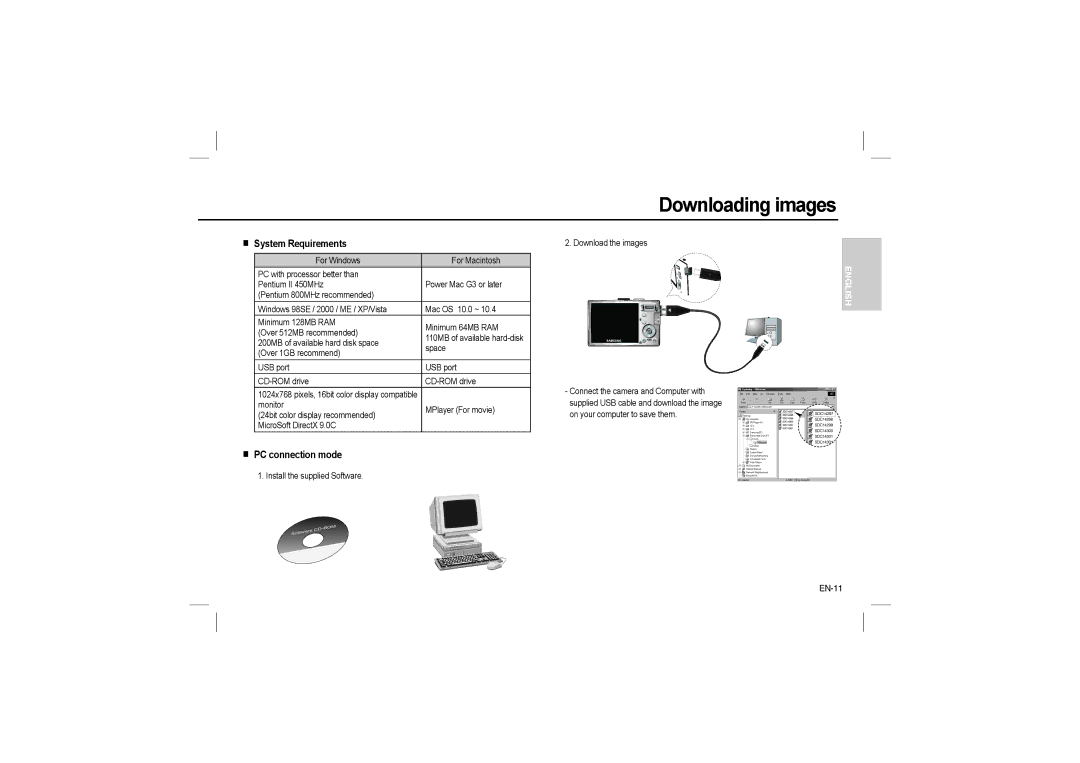 Samsung EC-L110ZUBA/FR, EC-L110ZPDA/E3, EC-L110ZSBA/FR Downloading images, System Requirements, PC connection mode, EN-11 