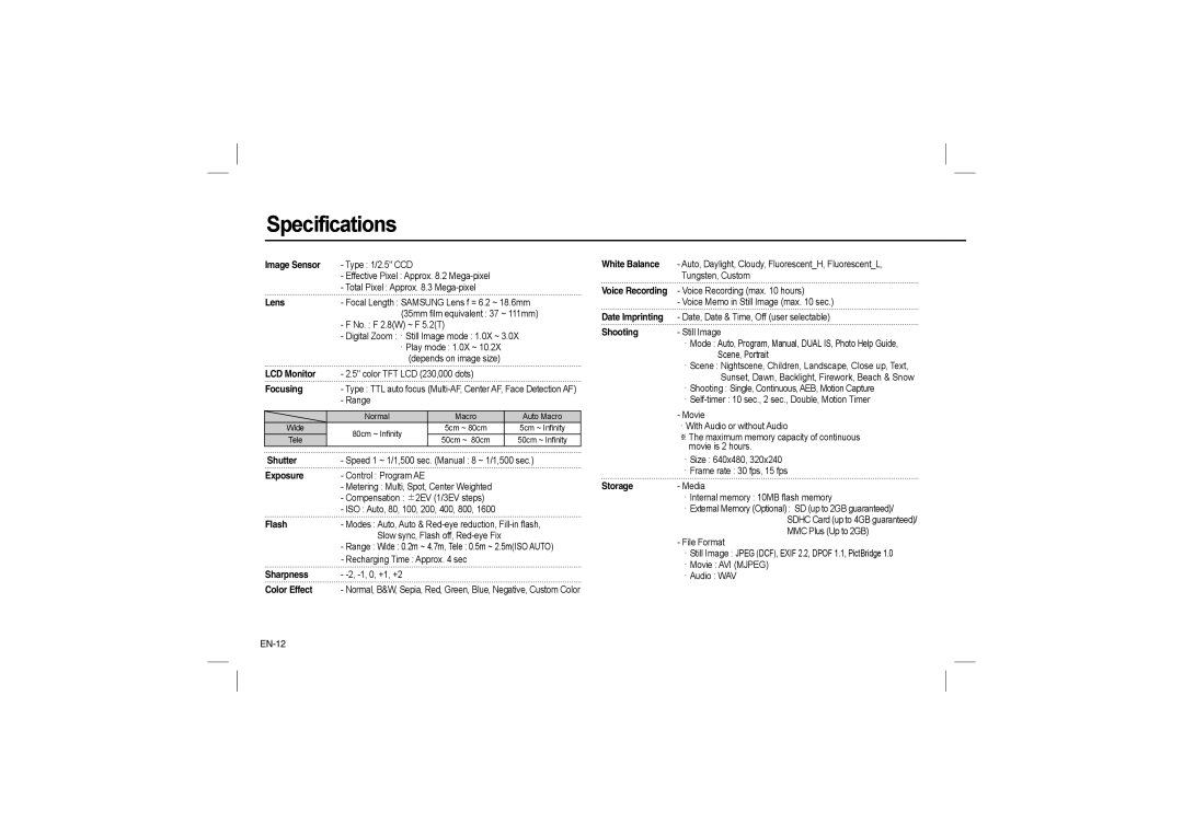 Samsung EC-L110ZSDA/E3, EC-L110ZPDA/E3, EC-L110ZSBA/FR, EC-L110ZUDA/E3, EC-L110ZBDA/E3, EC-L110ZBBA/FR Specifications, EN-12 