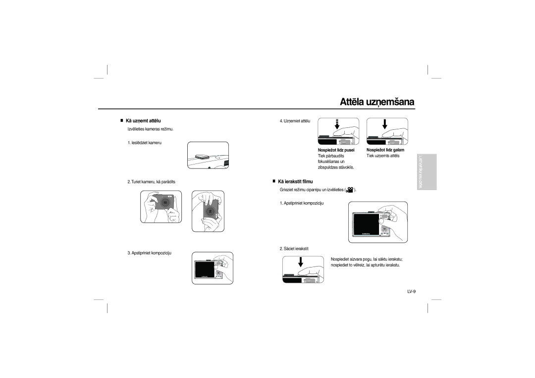 Samsung EC-L110ZSBA/AS, EC-L110ZPDA/E3, EC-L110ZSBA/FR manual Attēla uzņemšana, Kā uzņemt attēlu, Kā ierakstīt filmu, LV-9 