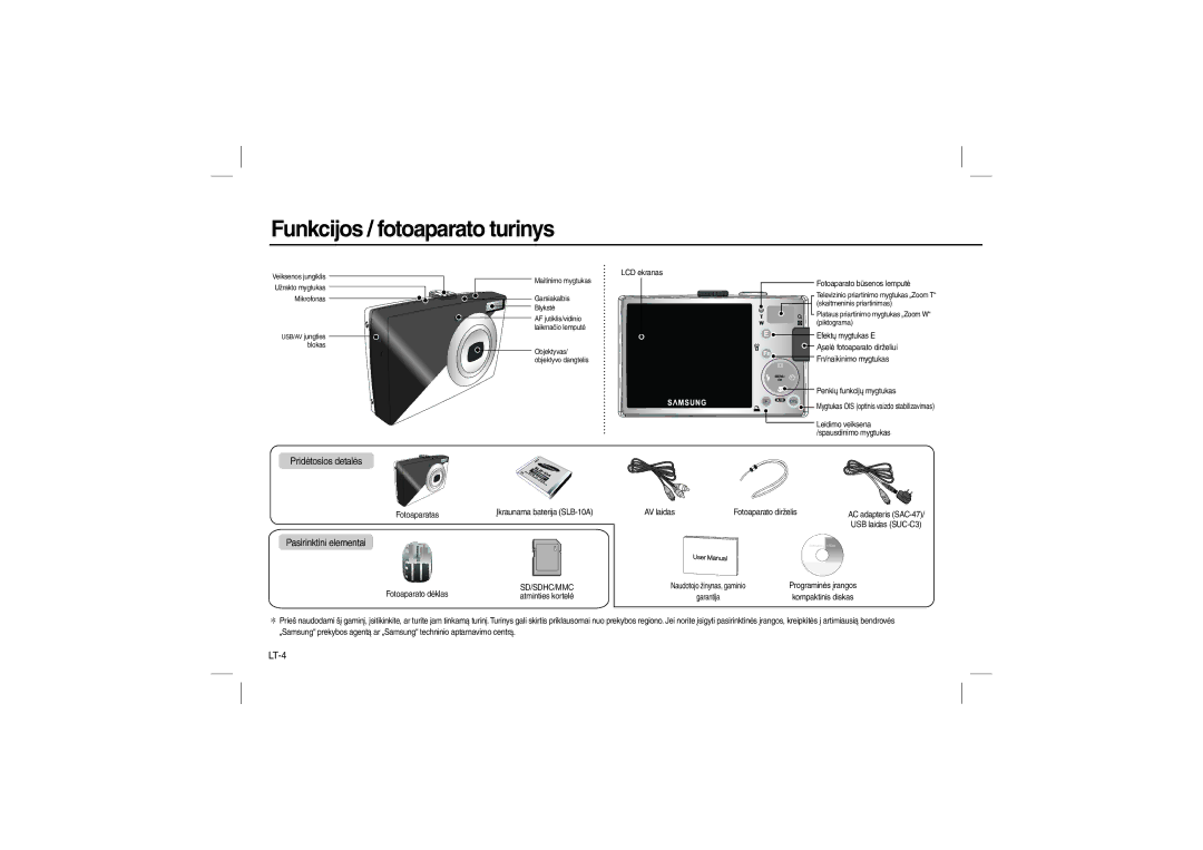 Samsung EC-L110ZUDB/AS, EC-L110ZPDA/E3, EC-L110ZSBA/FR, EC-L110ZUDA/E3, EC-L110ZBDA/E3 Funkcijos / fotoaparato turinys, LT-4 