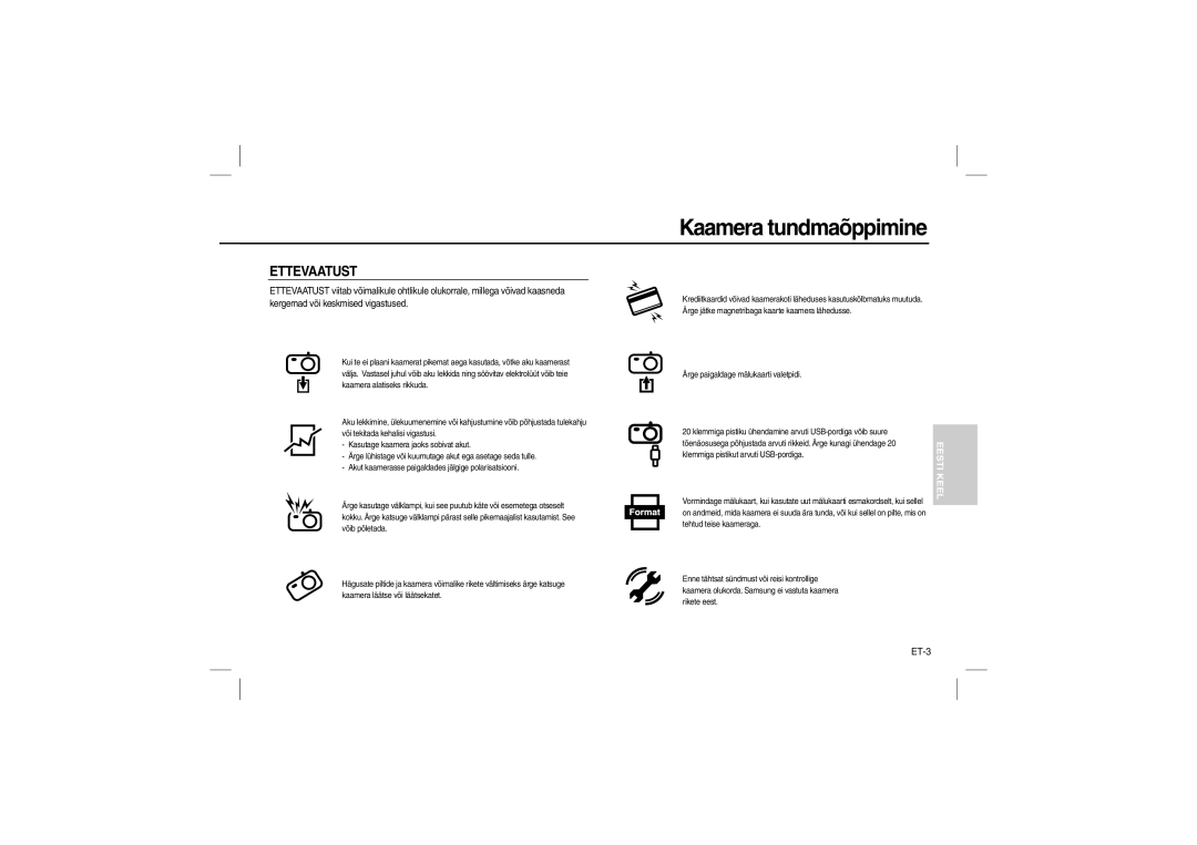 Samsung EC-L110ZPBA/E1, EC-L110ZPDA/E3, EC-L110ZSBA/FR, EC-L110ZUDA/E3, EC-L110ZBDA/E3, EC-L110ZBBA/FR manual Ettevaatust, ET-3 