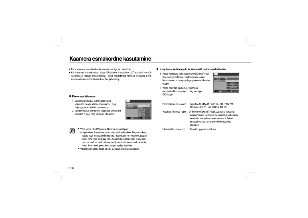 Samsung EC-L110ZPYA/CA manual Kaamera esmakordne kasutamine, Kuupäeva, kellaaja ja kuupäeva esitusviisi seadistamine, ET-6 