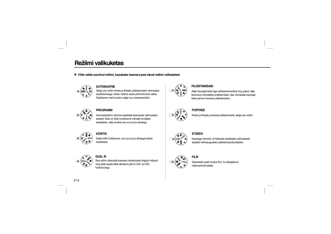 Samsung EC-L110ZSBB/AS, EC-L110ZPDA/E3, EC-L110ZSBA/FR, EC-L110ZUDA/E3, EC-L110ZBDA/E3, EC-L110ZBAA Režiimi valikuketas, ET-8 