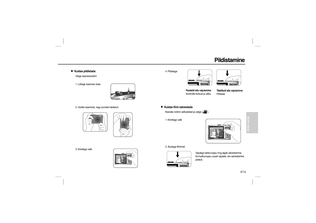 Samsung EC-L110ZSBB/MX, EC-L110ZPDA/E3, EC-L110ZSBA/FR manual Pildistamine, Kuidas pildistada, Kuidas filmi salvestada, ET-9 