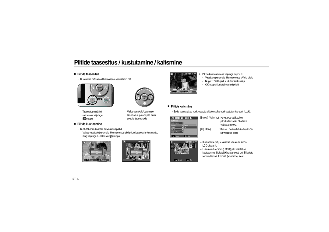 Samsung EC-L110ZUBC/E1, EC-L110ZPDA/E3, EC-L110ZSBA/FR Piltide taasesitus, Piltide kaitsmine, Piltide kustutamine, ET-10 