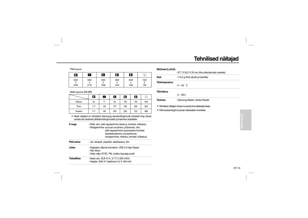 Samsung EC-L110ZBBA/E2, EC-L110ZPDA/E3, EC-L110ZSBA/FR, EC-L110ZUDA/E3, EC-L110ZBDA/E3, EC-L110ZBBA/FR, EC-L110ZRFA/FR ET-13 