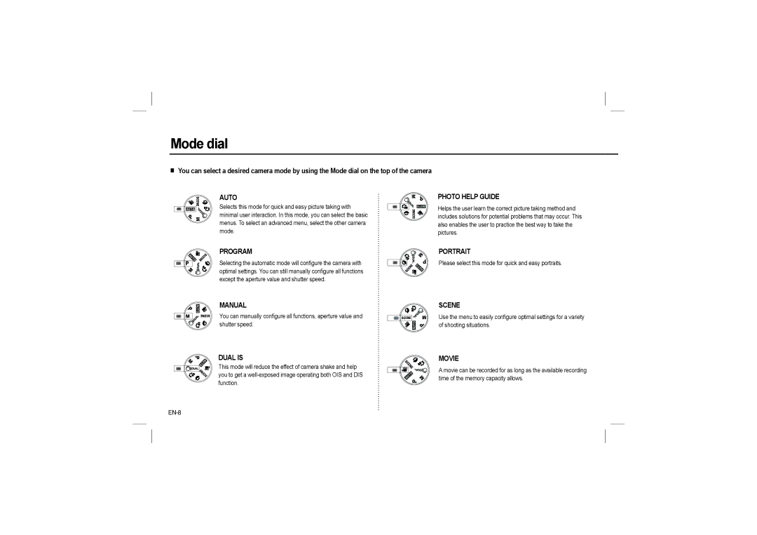 Samsung EC-L110ZRDA/E3, EC-L110ZPDA/E3, EC-L110ZSBA/FR, EC-L110ZUDA/E3, EC-L110ZBDA/E3, EC-L110ZBBA/FR manual Mode dial, EN-8 