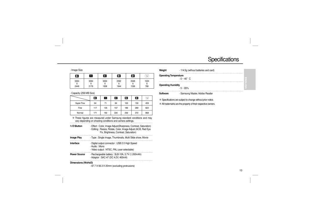 Samsung EC-L110ZPBA/FR manual EButton, Image Play, Interface, Power Source, Dimensions WxHxD, Weight, Operating Temperature 