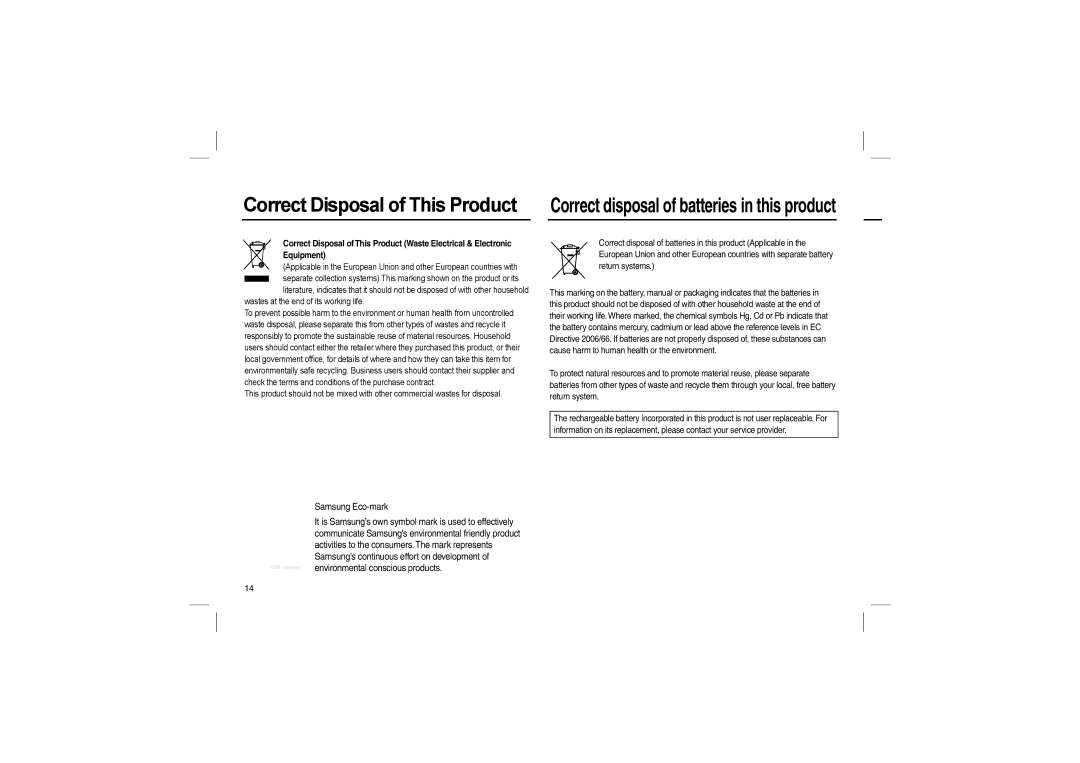 Samsung EC-L110ZPBA/E2, EC-L110ZPDA/E3, EC-L110ZSBA/FR, EC-L110ZUDA/E3, EC-L110ZBDA/E3 manual Correct Disposal of This Product 