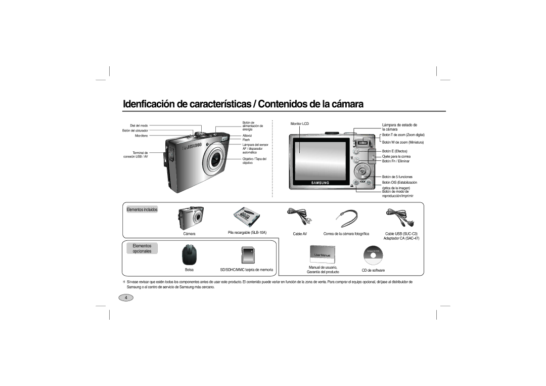 Samsung EC-L110ZBBA/IT, EC-L110ZPDA/E3 manual Idenficación de características / Contenidos de la cámara, Elementos incluidos 