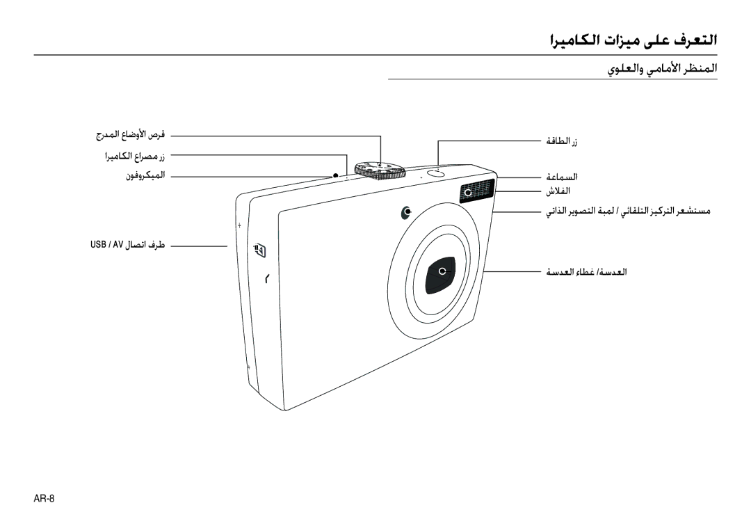 Samsung EC-L110ZPBA/FR manual اﺮﻴﻣﺎﻜﻟا تاﺰﻴﻣ ﻰﻠﻋ فﺮﻌﺘﻟا, يﻮﻠﻌﻟاو ﻲﻣﺎﻣﻷا ﺮﻈﻨﻤﻟا, Usb / Av لﺎﺼﺗا فﺮﻃ ﺔﺳﺪﻌﻟا ءﺎﻄﻏ /ﺔﺳﺪﻌﻟا 