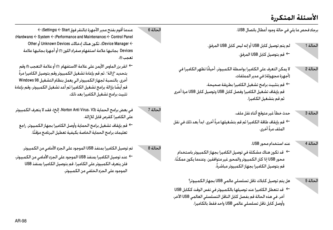 Samsung EC-L110ZRBA/CA, EC-L110ZPDA/E3, EC-L110ZSBA/FR, EC-L110ZUDA/E3, EC-L110ZBDA/E3, EC-L110ZBBA/FR manual ةرﺮﻜﺘﻤﻟا ﺔﻠﺌﺳﻷا 