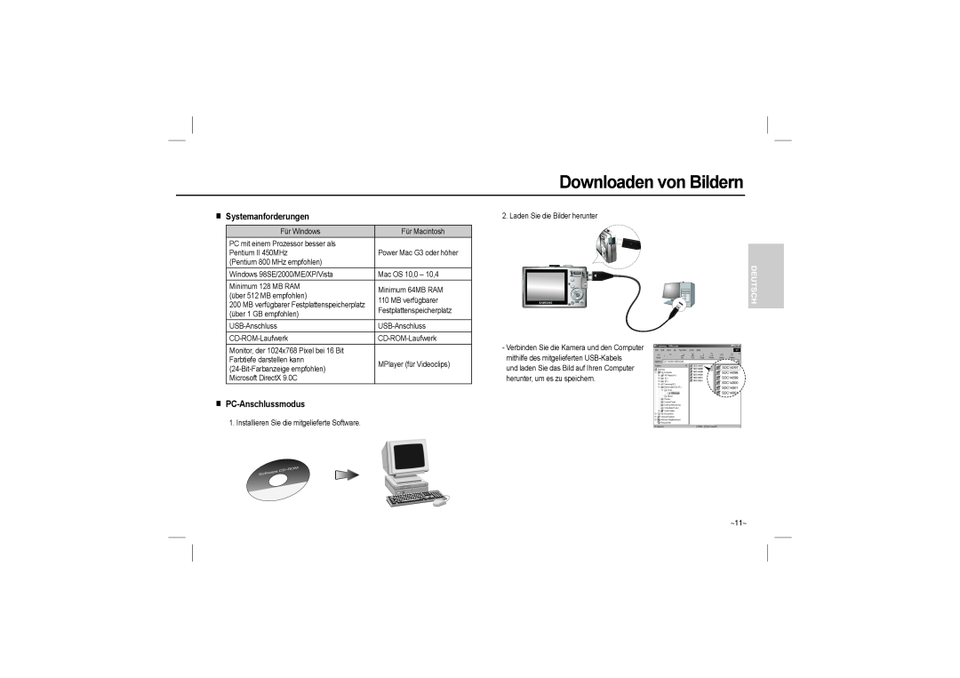 Samsung EC-L110ZSBB/IT, EC-L110ZPDA/E3 manual Downloaden von Bildern, Systemanforderungen, PC-Anschlussmodus, ~11~, Deutsch 