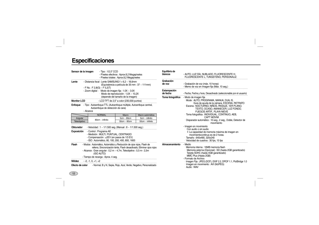 Samsung EC-L110ZSBA/US manual Especificaciones, Sensor de la imagen, Equilibrio de, blancos, Grabación, de voz, Estampación 