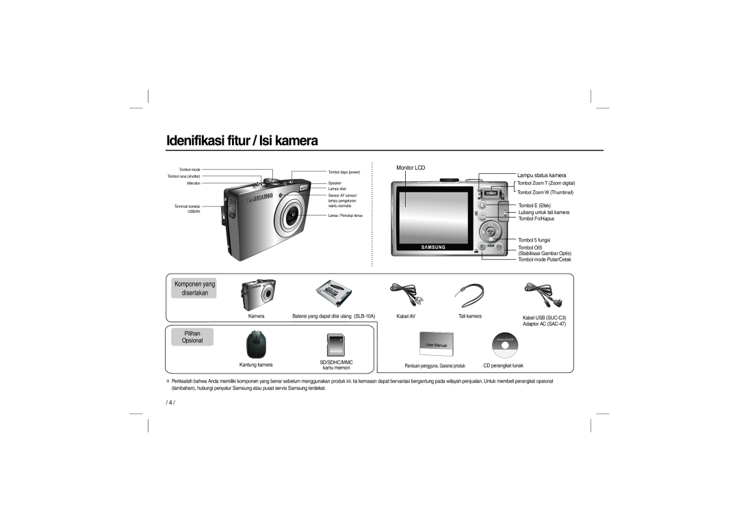 Samsung EC-L110ZPBB/AS manual Idenifikasi fitur / Isi kamera, Komponen yang disertakan, Monitor LCD, Lampu status kamera 