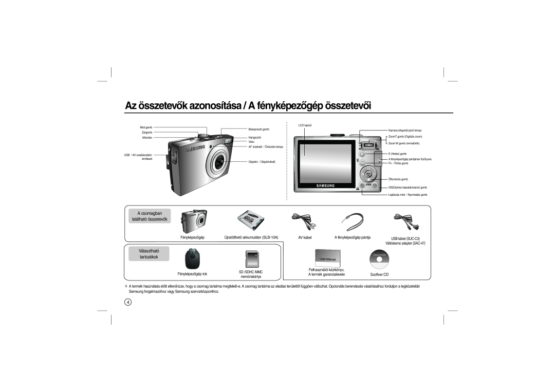 Samsung EC-L110ZPDC/AS manual Az összetevők azonosítása / A fényképezőgép összetevői, A csomagban található összetevők 
