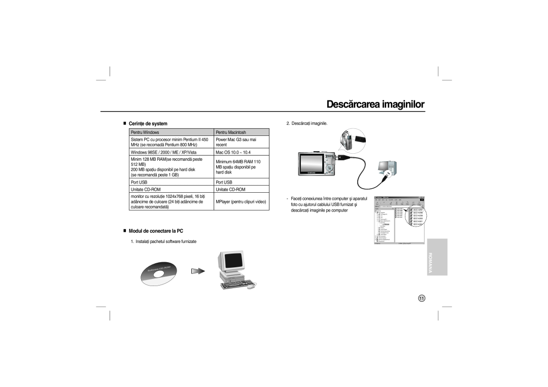 Samsung EC-L110ZBBA/AU, EC-L110ZPDA/E3 manual Descărcarea imaginilor, Cerinţe de system, Modul de conectare la PC, Romana 