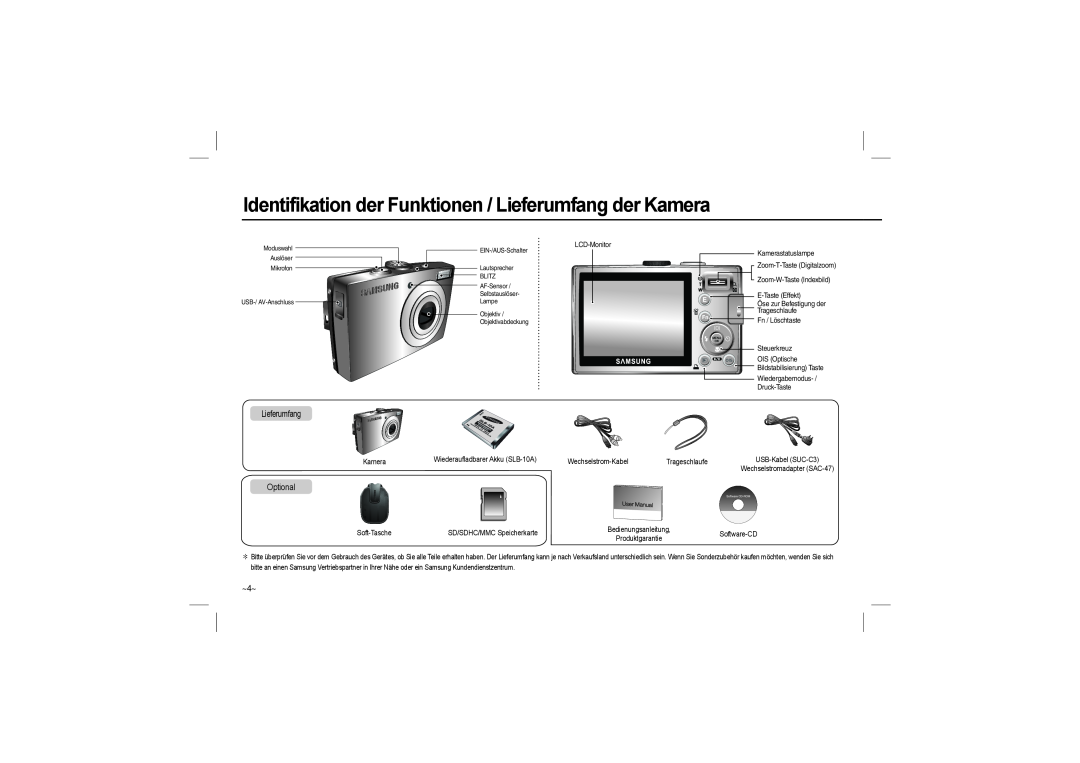 Samsung EC-L110ZSBB/E1, EC-L110ZPDA/E3, EC-L110ZSBA/FR, EC-L110ZBAA Identifikation der Funktionen / Lieferumfang der Kamera 