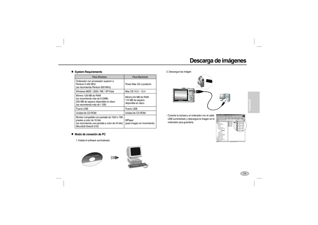 Samsung EC-L110ZSBA/GB, EC-L110ZPDA/E3 manual Descarga de imágenes, Modo de conexión de PC, System Requirements, Español 