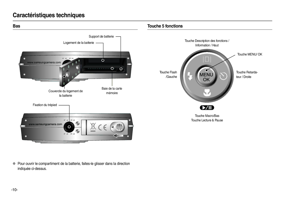 Samsung EC-L110ZBFA/FR, EC-L110ZPDA/E3, EC-L110ZSBA/FR, EC-L110ZUDA/E3, EC-L110R01KFR Bas, Touche 5 fonctions, Touche Retarda 