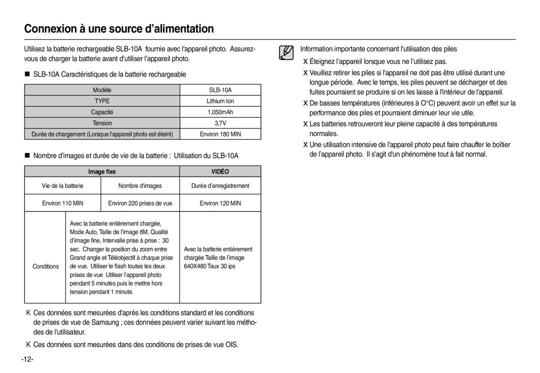 Samsung EC-L110ZSDA/E3, EC-L110ZPDA/E3, EC-L110ZSBA/FR, EC-L110ZUDA/E3 manual Connexion à une source d’alimentation, Image ﬁxe 