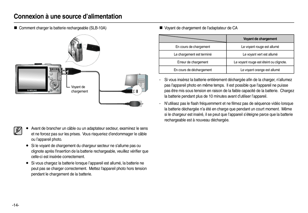 Samsung EC-L110ZPBA/E2 „ Comment charger la batterie rechargeable SLB-10A, „ Voyant de chargement de ladaptateur de CA 