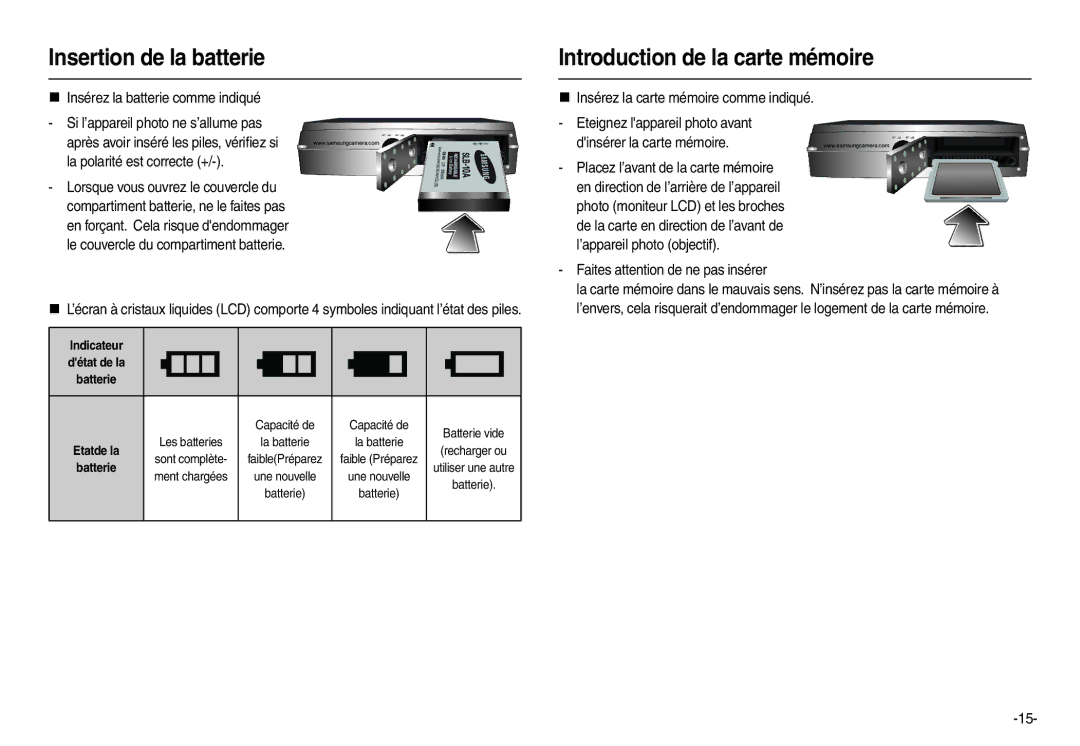 Samsung EC-L110U01KFR Insertion de la batterie, Introduction de la carte mémoire, „ Insérez la batterie comme indiqué 