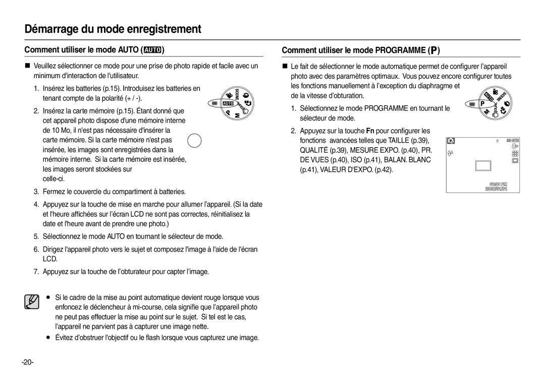 Samsung EC-L110ZBBA/FR Démarrage du mode enregistrement, Comment utiliser le mode Auto, Comment utiliser le mode Programme 