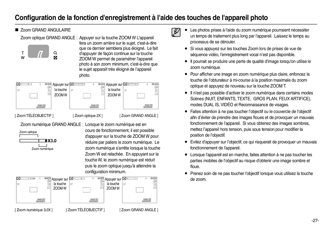 Samsung EC-L110ZBFA/FR Processus de se dérouler, Zoom numérique, Optique et appuyez de nouveau sur la touche Zoom T, ﬂoue 