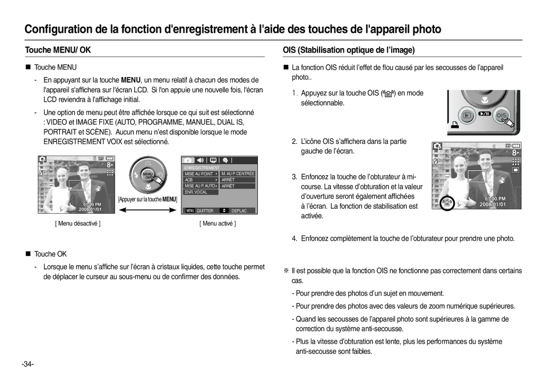 Samsung EC-L110ZSBA/FR manual Touche MENU/ OK, OIS Stabilisation optique de l’image, „ Touche OK, Activée, Menu désactivé 