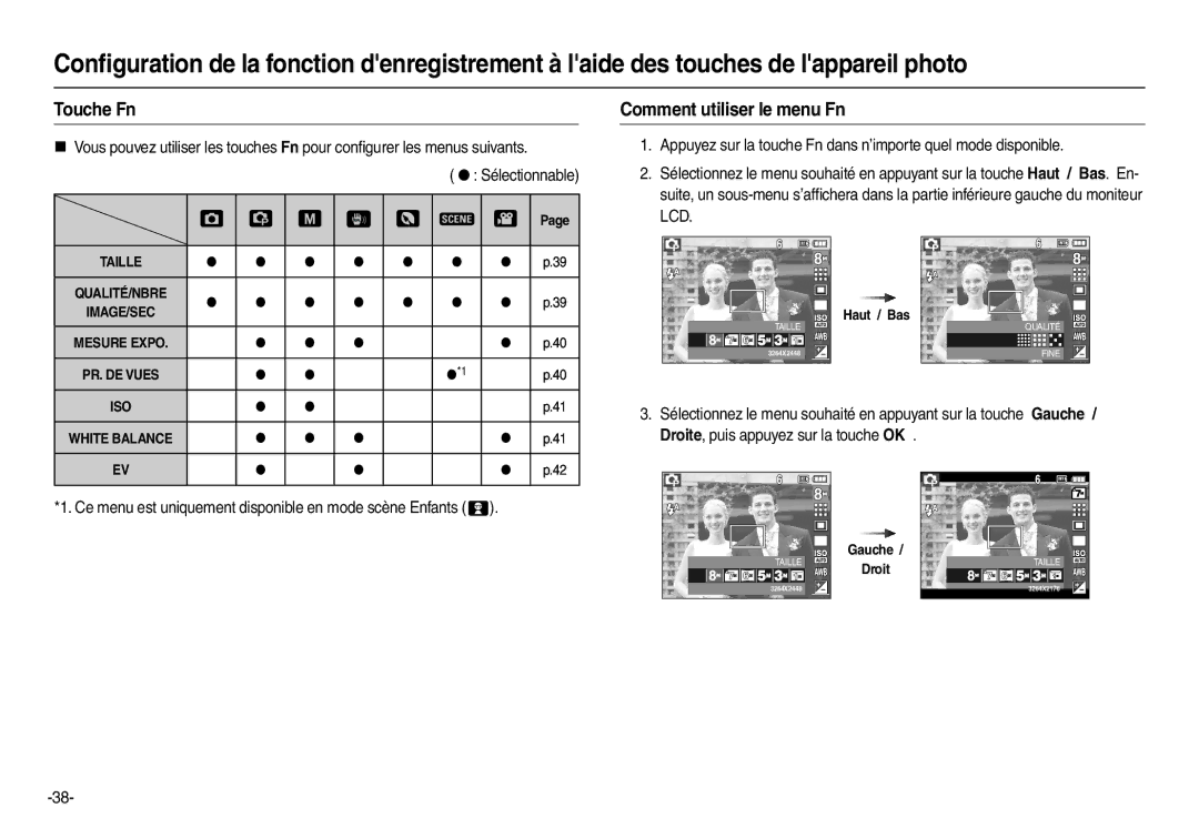 Samsung EC-L110ZRFA/FR Touche Fn, Comment utiliser le menu Fn, Ce menu est uniquement disponible en mode scène Enfants  