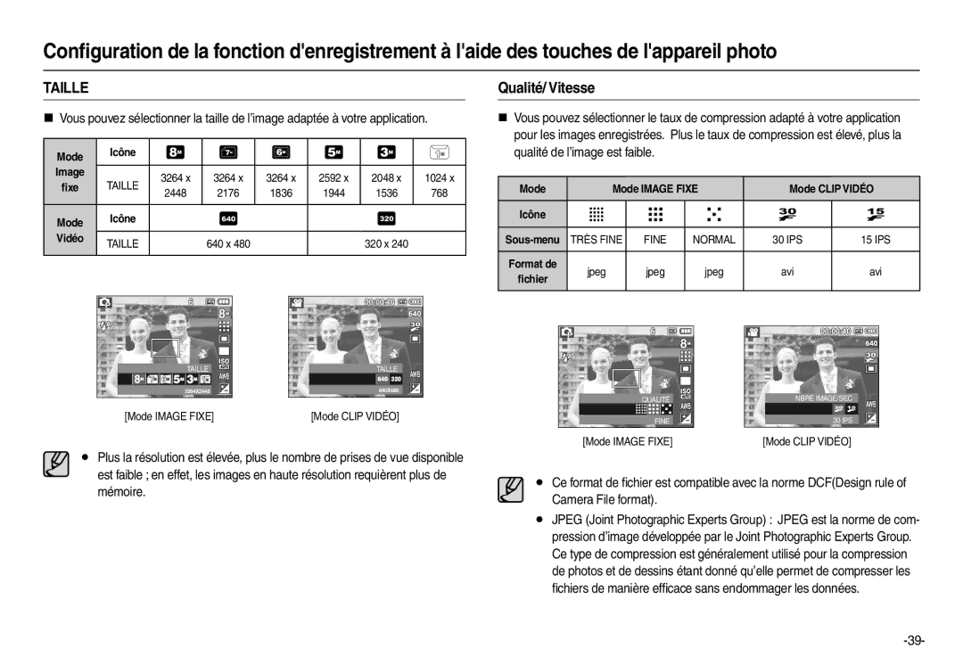 Samsung EC-L110R01KFR, EC-L110ZPDA/E3 manual Qualité/ Vitesse, Mode Icône Image, Mode Mode Image Fixe Mode Clip Vidéo 