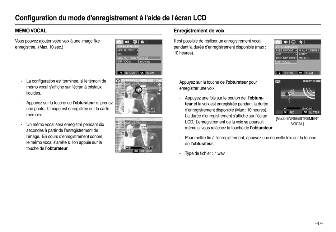 Samsung EC-L110ZPBA/FR, EC-L110ZPDA/E3 manual Enregistrement de voix, Heures, Enregistrer une voix, Touche de l’obturateur 