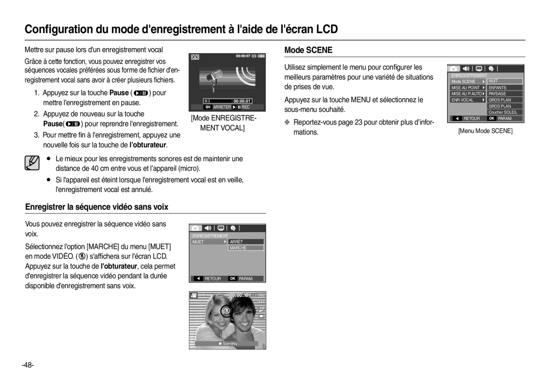 Samsung EC-L110ZPBA/E2 Mode Scene, Enregistrer la séquence vidéo sans voix, Mettre sur pause lors dun enregistrement vocal 