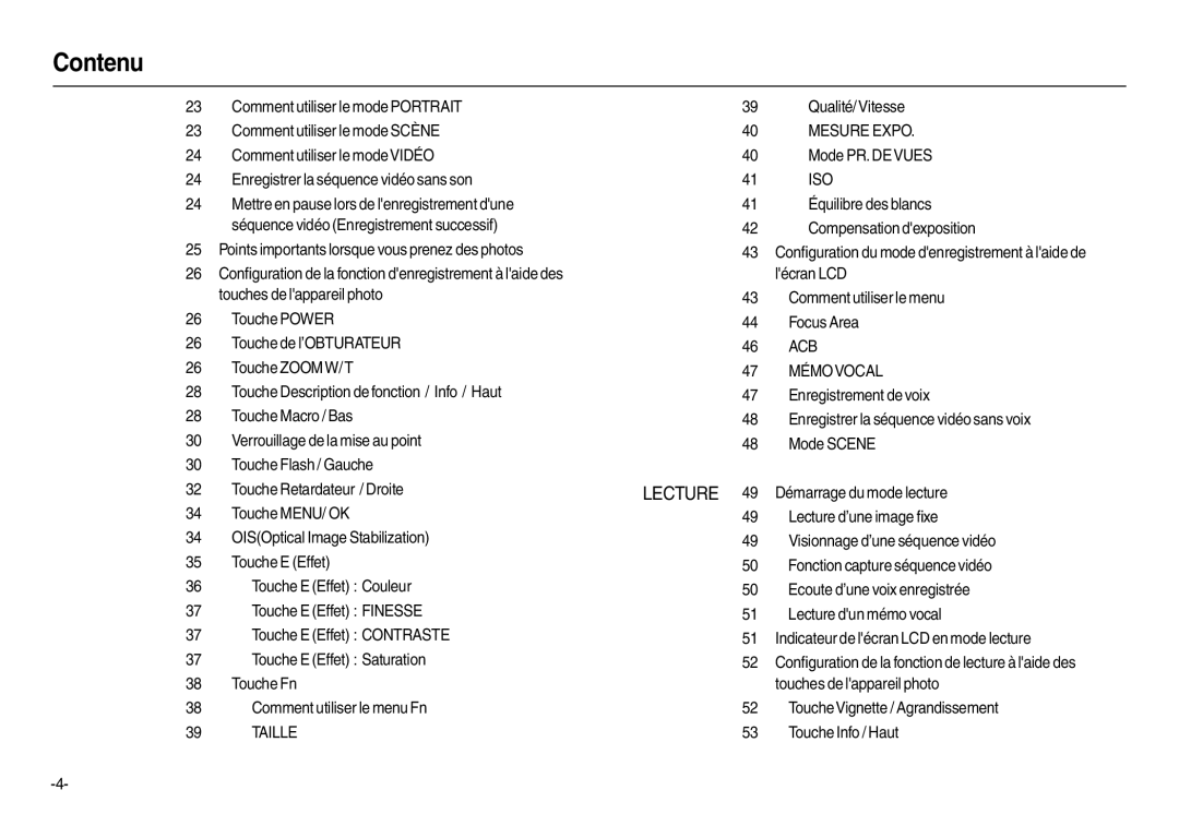 Samsung EC-L110ZRFA/FR, EC-L110ZPDA/E3, EC-L110ZSBA/FR, EC-L110ZUDA/E3 manual Mesure Expo, Iso, Acb, Mémo Vocal, Taille 