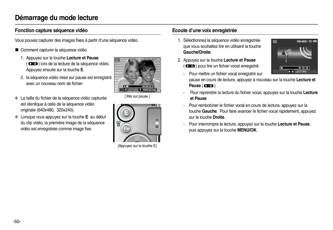 Samsung EC-L110ZPDA/E3, EC-L110ZSBA/FR manual Fonction capture séquence vidéo, Ecoute d’une voix enregistrée, Et Pause 