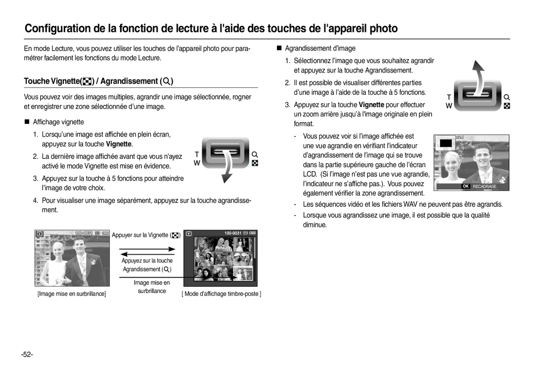 Samsung EC-L110ZUDA/E3 manual Touche Vignette / Agrandissement , „ Agrandissement d’image, Appuyer sur la Vignette  